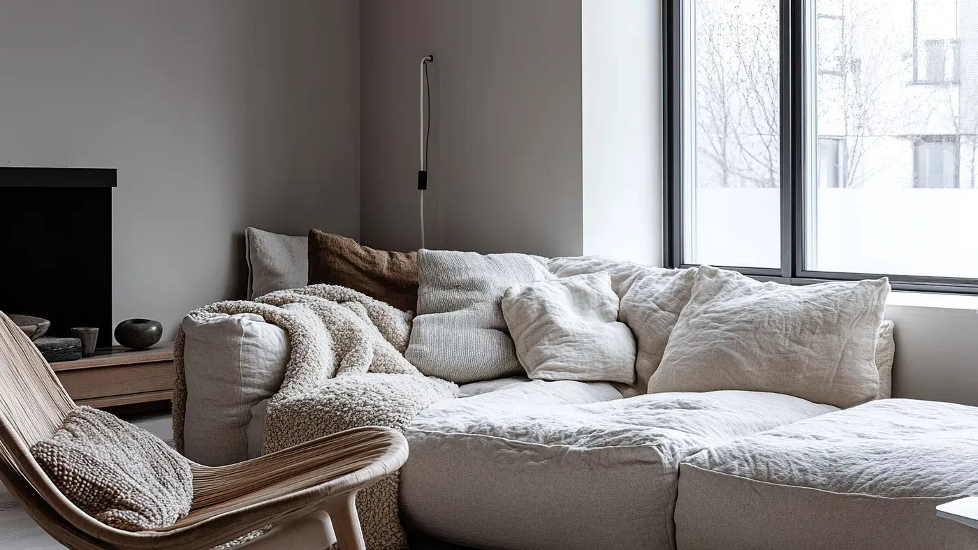 Bäddsoffa uppfälld i ett skandinaviskt vardagsrum